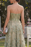 Strapless A Line High Low Dusty Green Floral Wedding Guest Dress
