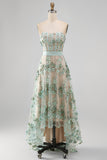 Strapless A Line High Low Dusty Green Floral Wedding Guest Dress