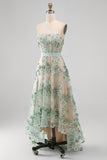Strapless A Line High Low Dusty Green Floral Wedding Guest Dress