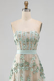 Strapless A Line High Low Dusty Green Floral Wedding Guest Dress
