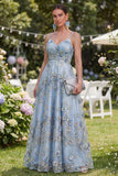 Blue Spaghetti Straps A Line Floral Wedding Guest Dress