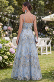 Blue Spaghetti Straps A Line Floral Wedding Guest Dress