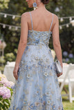 Blue Spaghetti Straps A Line Floral Wedding Guest Dress