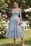 Floral Applique A Line Blue Wedding Guest Dress