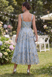 Floral Applique A Line Blue Wedding Guest Dress