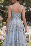 Floral Applique A Line Blue Wedding Guest Dress