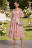 Off the Shoulder Pink Orange Floral Wedding Guest Dress with Puff Sleeves