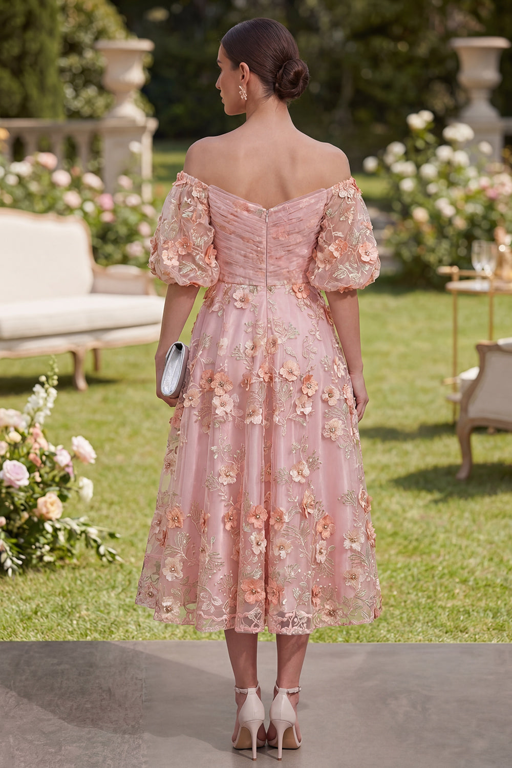Wedtrend Women Floral Wedding Guest Dress with Puff Sleeves Pink Orange Off  the Shoulder Applique Midi Garden Party Dress – Wedtrend UK