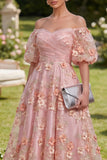 Off the Shoulder Pink Orange Floral Wedding Guest Dress with Puff Sleeves