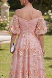 Off the Shoulder Pink Orange Floral Wedding Guest Dress with Puff Sleeves