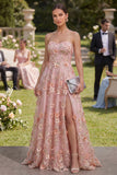 Strapless A Line Pink Orange Floral Wedding Guest Dress with Slit