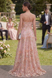 Strapless A Line Pink Orange Floral Wedding Guest Dress with Slit