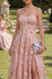 Strapless A Line Pink Orange Floral Wedding Guest Dress with Slit