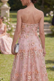 Strapless A Line Pink Orange Floral Wedding Guest Dress with Slit