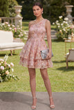 One Shoulder Applique Pink Orange A Line Floral Mini Dress