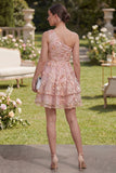 One Shoulder Applique Pink Orange A Line Floral Mini Dress