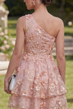 One Shoulder Applique Pink Orange A Line Floral Mini Dress