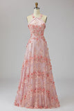 Elegant Pink Orange Floral Applique A Line Wedding Guest Dress