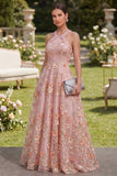 Elegant Pink Orange Floral Applique A Line Wedding Guest Dress