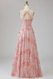 Elegant Pink Orange Floral Applique A Line Wedding Guest Dress