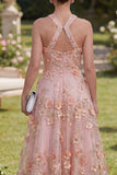Elegant Pink Orange Floral Applique A Line Wedding Guest Dress