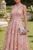 Elegant Pink Orange Floral Applique A Line Wedding Guest Dress