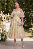 Off the Shoulder Light Yellow Floral Wedding Guest Dress with Puff Sleeves