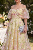 Off the Shoulder Light Yellow Floral Wedding Guest Dress with Puff Sleeves