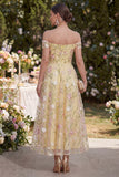Floral Light Yellow Off the Shoulder Long Wedding Guest Dress