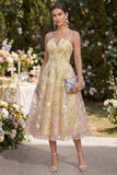 A Line Floral Light Yellow Midi Wedding Guest Dress