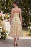 A Line Floral Light Yellow Midi Wedding Guest Dress