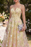A Line Floral Light Yellow Midi Wedding Guest Dress