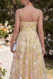A Line Floral Light Yellow Midi Wedding Guest Dress