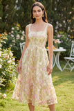 Light Yellow Square Neck Floral Wedding Guest Dress