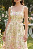Light Yellow Square Neck Floral Wedding Guest Dress