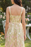 Light Yellow Square Neck Floral Wedding Guest Dress