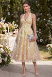 Halter Light Yellow Backless Floral Wedding Guest Dress