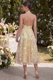 Halter Light Yellow Backless Floral Wedding Guest Dress