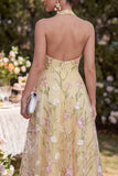 Halter Light Yellow Backless Floral Wedding Guest Dress