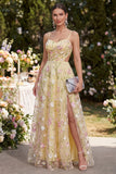 Light Yellow Cut Out Floral Wedding Guest Dress with Slit