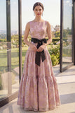 Bateau Neck Blush Jacquard Wedding Guest Dress with Sash