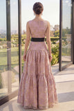 Bateau Neck Blush Jacquard Wedding Guest Dress with Sash