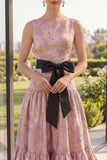 Bateau Neck Blush Jacquard Wedding Guest Dress with Sash