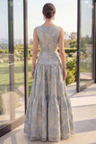 Bateau Neck Blush Jacquard Wedding Guest Dress with Sash