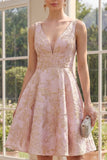 Jacquard V-Neck A Line Blush Wedding Guest Dress