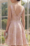 Jacquard V-Neck A Line Blush Wedding Guest Dress
