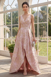A Line V-Neck Jacquard Blush High-Low Wedding Guest Dress