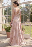 A Line V-Neck Jacquard Blush High-Low Wedding Guest Dress