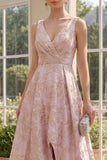 A Line V-Neck Jacquard Blush High-Low Wedding Guest Dress