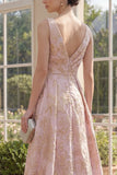 A Line V-Neck Jacquard Blush High-Low Wedding Guest Dress